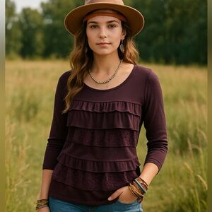 NWT Casual Express Plum Purple Ruffle Lace Curtain Boat Neck Blouse Top